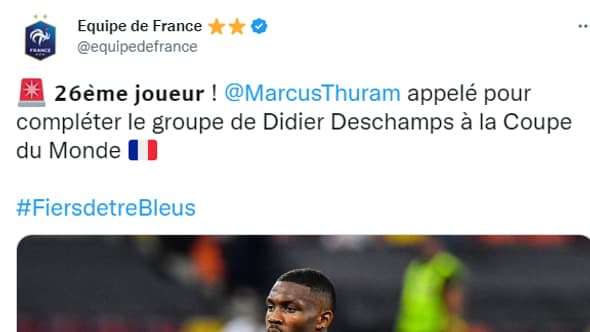 Le tweet de l'équipe de France sur Marcus Thuram