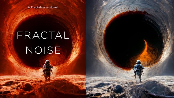 A gauche, la couverture du livre Fractal Noise, édité par Tor Books; à droite, une image générée par IA précédemment publiée sur le site Shutterstock