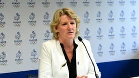 Brigitte Henriques, lors de sa première conférence de presse, après avoir été élue présidente du Comité national olympique et sportif français (CNOSF), le 29 juin 2021 à Paris
