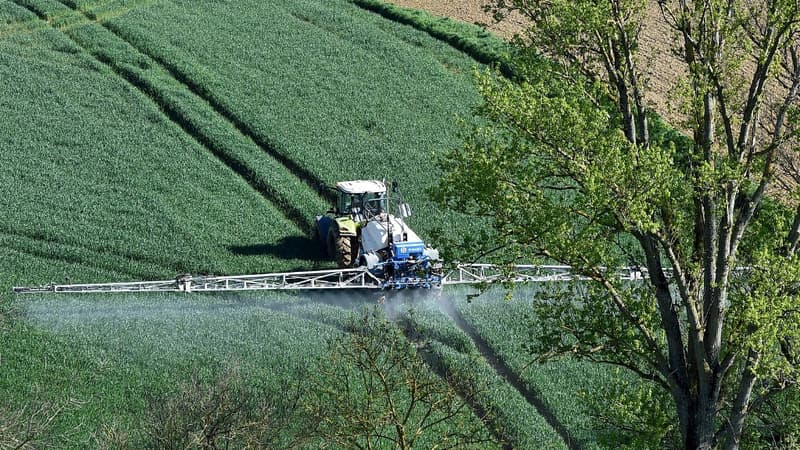 Un agriculteur pulvérise des produits chimiques pour traiter ses champs de blé, le 17 avril 2018 à Villefranche-de-Lauragais, en Haute-Garonne (illustration)