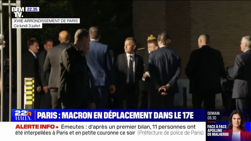 Émeutes: Emmanuel Macron et Gérald Darmanin en déplacement dans une caserne de police du XVIIème arrondissement de Paris