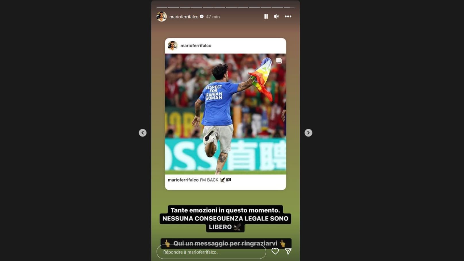Le message de Mario Ferri sur Instagram, annonçant qu'il est libre