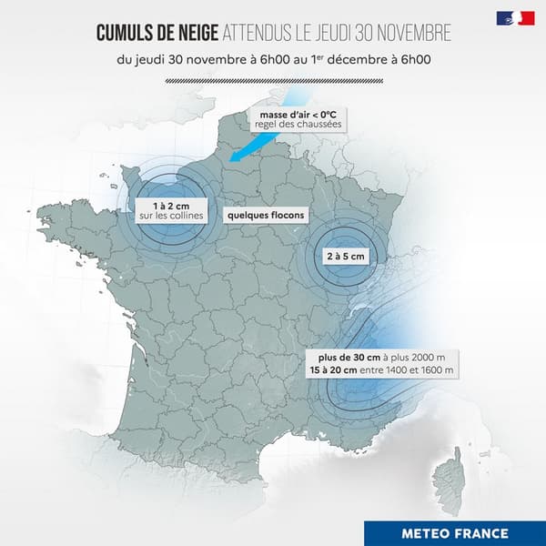 Des chutes de neige attendues ce jeudi 30 novembre 2023