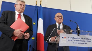 Christian Eckert et Michel Sapin lors de la présentation de la liste, ce mercredi 1er avril