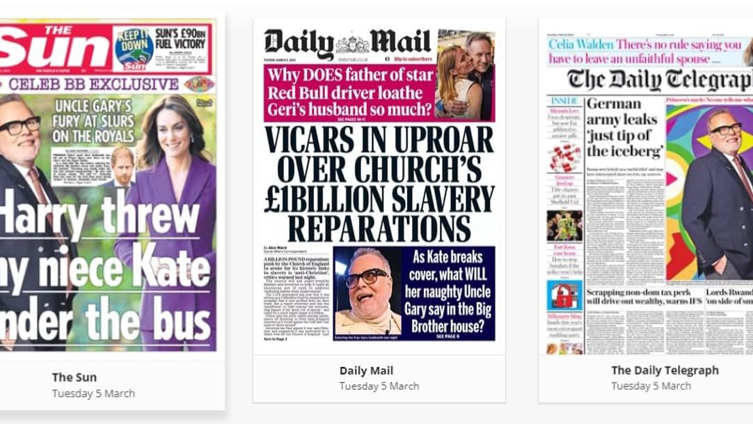 Les Unes du Sun, du Daily Mail et du Daily Telegraph, le 5 mars 2024.