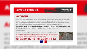 Un appel à témoins lancé le 14 août 2023 après un accident entre une voiture et un jeune garçon à Mantes-la-Jolie.