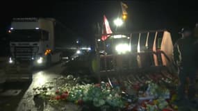 Montélimar: des "camions étrangers" arrêtés par des agriculteurs sur l'A7, les marchandises brûlées ou données