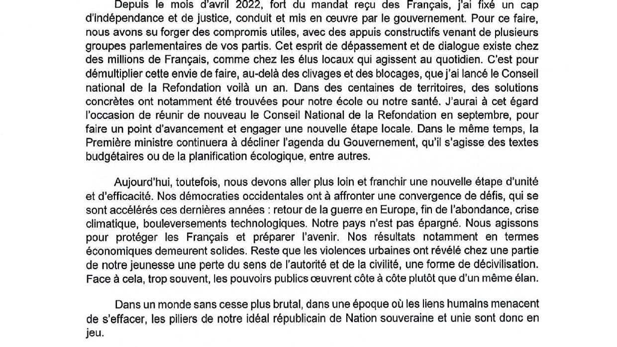 La lettre adressée par Emmanuel Macron aux partis politiques, le 25 août 2023.