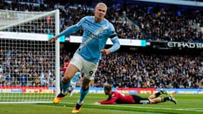 Erling Haaland célèbre son but face à Manchester United, le 14 septembre 2025