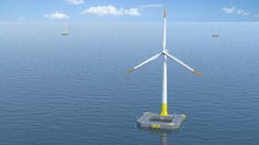 La première éolienne flottante Floatgen de 2 MW, équipée de la fondation flottante Ideol, est installée dans l'Atlantique au large du Croisic (Loire-Atlantique),