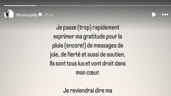 Le message de remerciements publié par Thomas Jolly le 5 août 2024 Le message de remerciements publié par Thomas Jolly le 5 août 2024