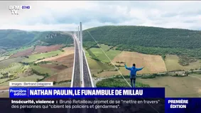 "Beaucoup de bonheur d'avoir réussi cette traversée": Le funambule Nathan Paulin, suspendu à 300 mètres du sol, s'est baladé au-dessus du viaduc de Millau