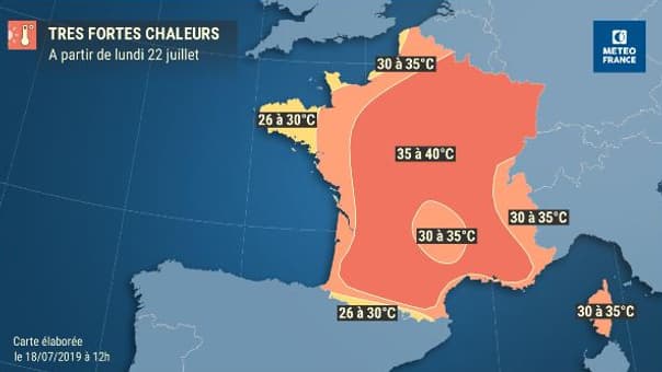 Carte des très fortes chaleurs qui toucheront la France la semaine prochaine. Carte des très fortes chaleurs qui toucheront la France la semaine prochaine.