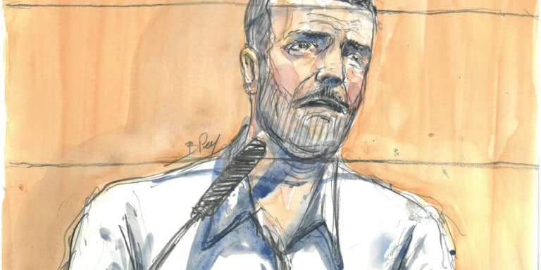 Croquis d'audience réalisé le 18 février 2022 montrant Nordahl Lelandais devant la cour d'assises de l'Isère, à Grenoble, au dernier jour de son procès pour le meurtre de Maëlys
