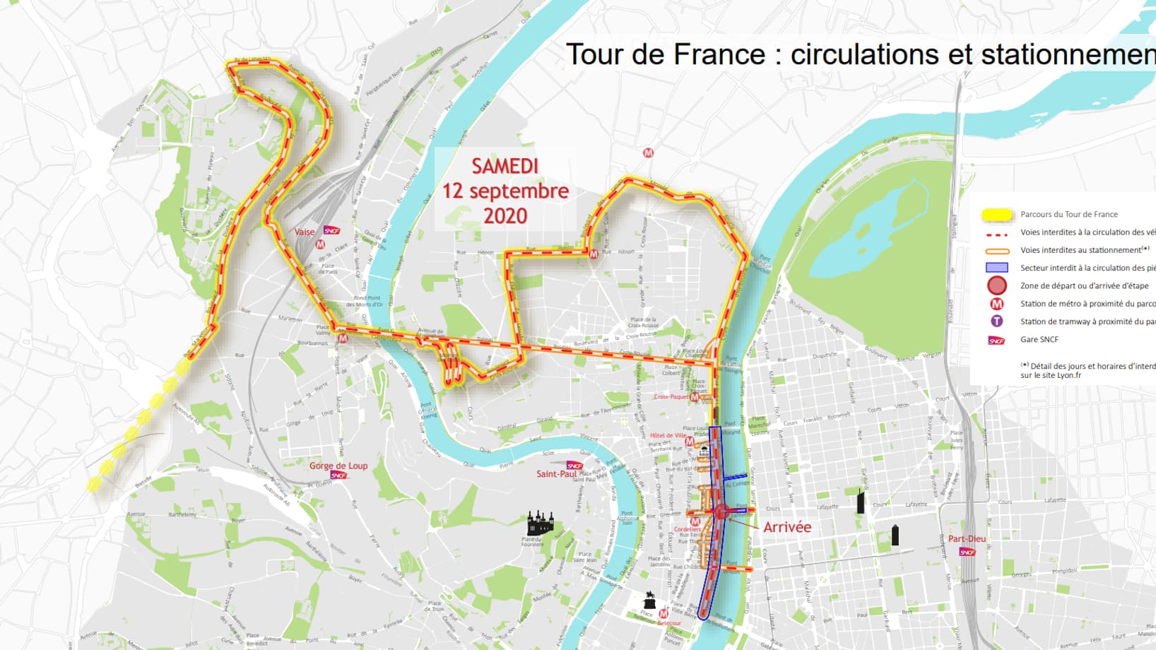 De nombreuses restrictions de circulations samedi avec l'arrivée du Tour de France à Lyon. De nombreuses restrictions de circulations samedi avec l'arrivée du Tour de France à Lyon.