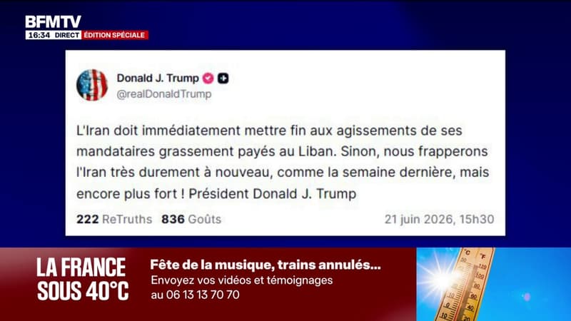 Donald Trump menace de frapper l'Iran si le pays "ne met pas fin aux agissements de ses mandataires au Liban"