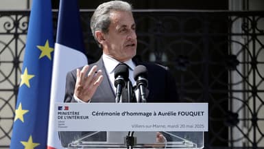 L'ancien président Nicolas Sarkozy lors d'une cérémonie en hommage à la défunte policière Aurélie Fouquet, tuée lors d'une tentative de vol suivie d'une course-poursuite mortelle en 2010, à Villiers-sur-Marnes, le 20 mai 2025.