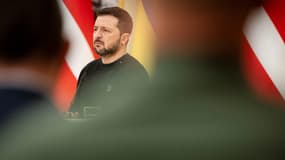 Le président ukrainien Volodymyr Zelensky à une conférence de presse conjointe avec le Premier ministre danois à Kiev, le 19 novembre 2024.