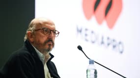 Jaume Roures à la tête du groupe audiovisuel sino-espagnol, Mediapro, lors d'un point presse à Paris, le 21 octobre 2020
