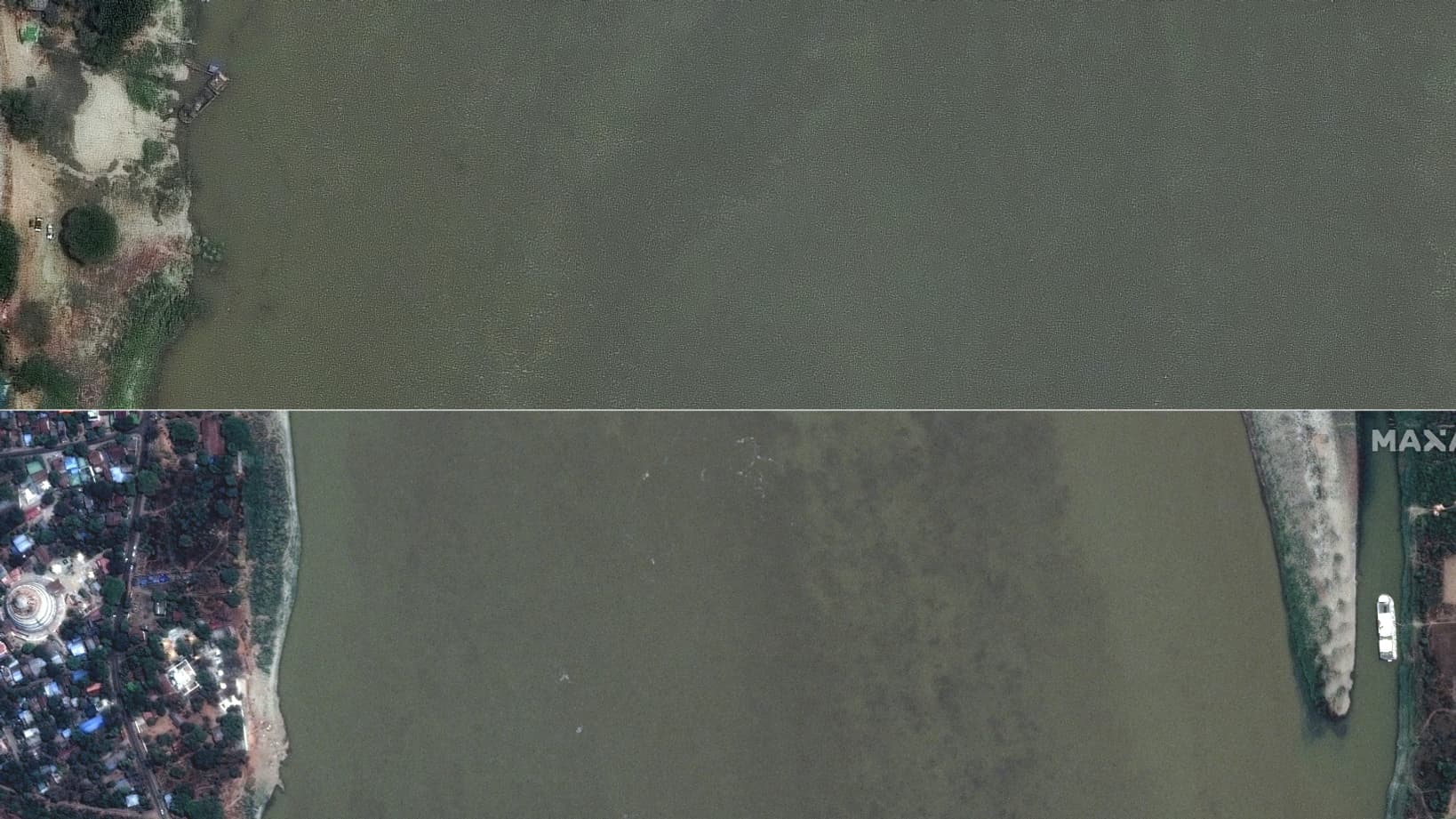 Le pont d'Ava à Mandalay détruit par le séisme en Birmanie, montage des images avant et après le tremblement de terre, 29 mars 2025.