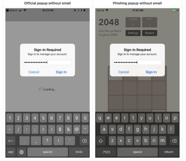 À gauche le message officiel envoyé par Apple. À droite le faux.