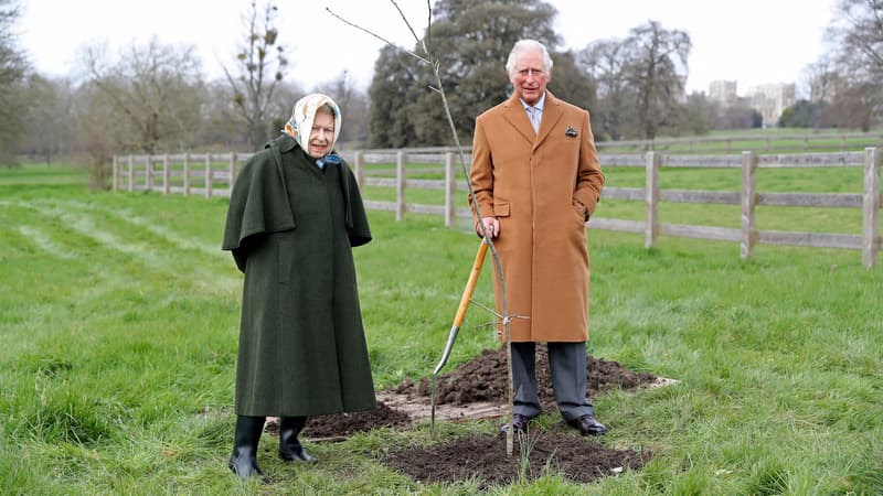 La reine Elizabeth et le prince Charles plantant le premier arbre de l'opération "canopée verte de la reine", en mars 2021.