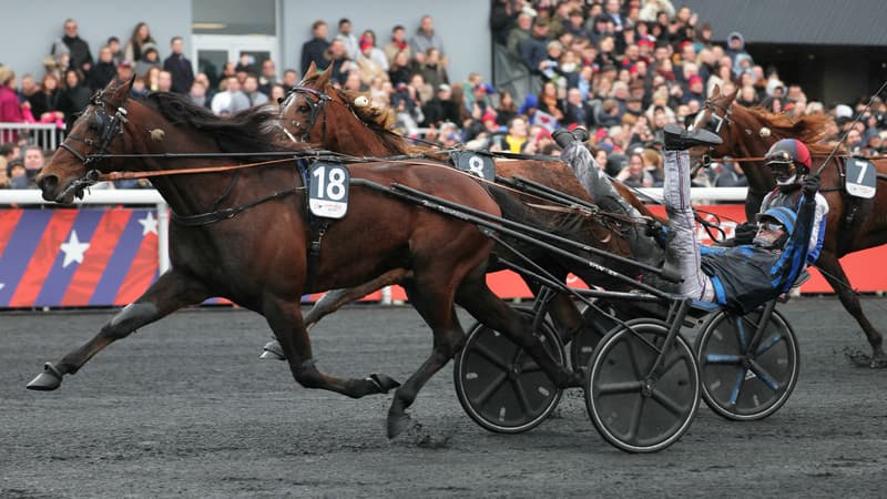 Idao de Tillard, drivé par Clément Duvaldestin, lors du 104e Prix d'Amérique à Vincennes, le 26 janvier 2025.
