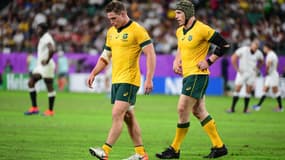 Michael Hooper et David Pocock lors du quart de finale perdu contre l'Angleterre au Mondial (40-16), au Oita Stadium, au Japon. 