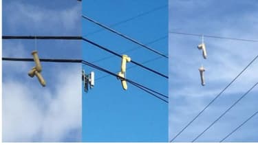 Des sextoys accrochés à un fil électrique dans le ciel de Portland.
