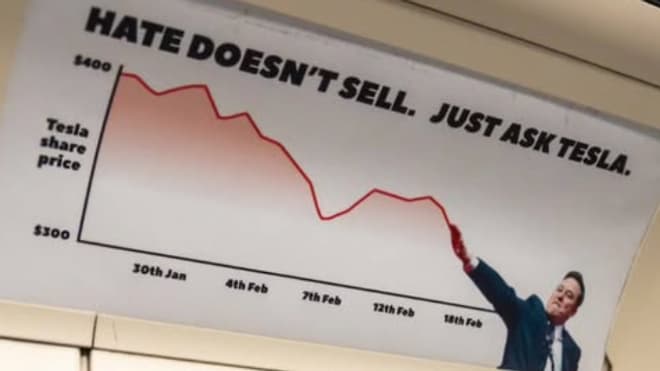 A poster in the London Metro shows the evolution of the Tesla Stock Market course that ends with Nazi Salvation of Elon Musk with the title A poster in the London Metro shows the evolution of the Tesla Stock Market course that ends with Nazi Salvation of Elon Musk with the title