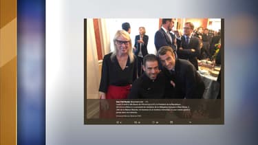 Le blogueur et aventurier Samuel Marie avec Emmanuel Macron, le lundi 23 avril 2018 aux Etats-Unis.