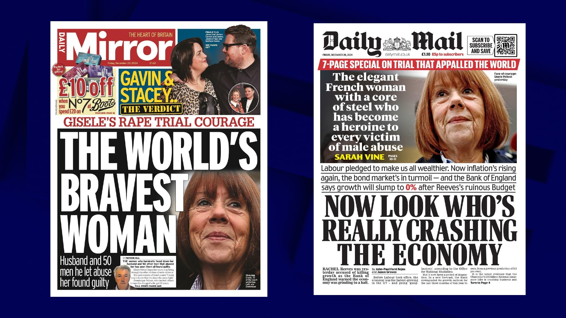 Les unes du Daily Mirror et du Daily Mail datées du vendredi 20 décembre 2024