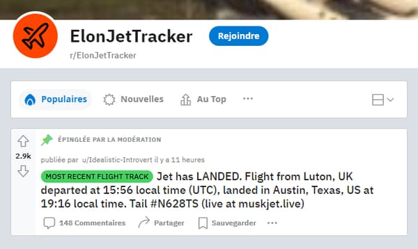 Une page Reddit consacrée au jet privé d'Elon Musk a été créée et compte déjà 212.000 membres.