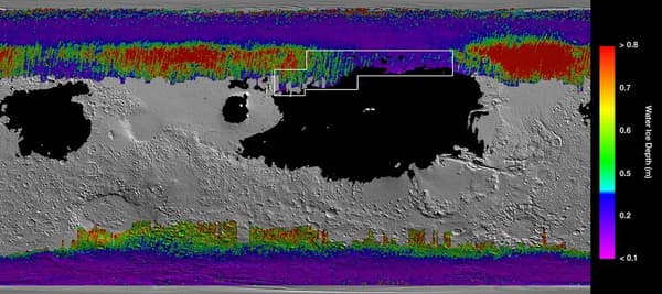 Carte montrant des zones où se trouve la glace d'eau souterraine sur Mars Carte montrant des zones où se trouve la glace d'eau souterraine sur Mars