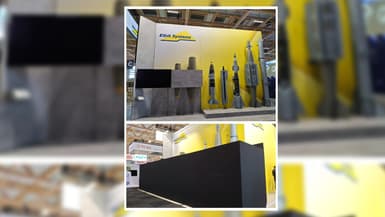 Un stand d'une entreprise d'armement israélienne en partie caché par un drap noir le lundi 16 juin 2025 au Salon de Bourget. 