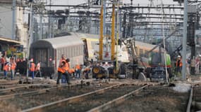 Le train déraillé à Brétigny, le 13 juillet 2013.