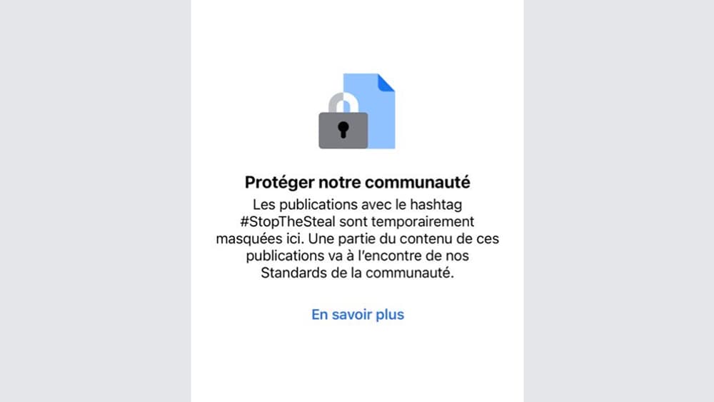 Capture d'écran des résultats de recherche pour le mot-clé #StopTheSteal, sur Facebook Capture d'écran des résultats de recherche pour le mot-clé #StopTheSteal, sur Facebook