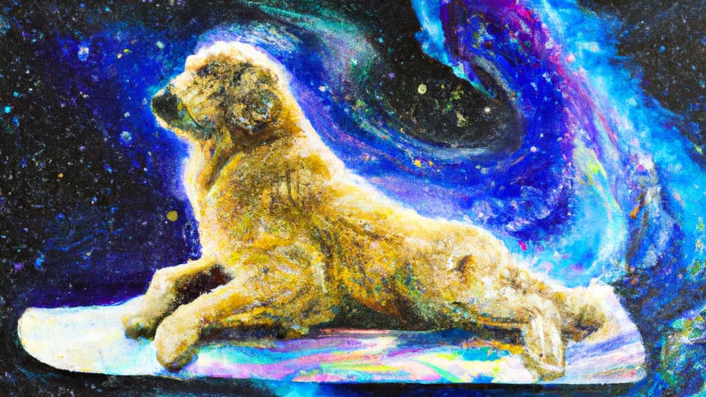 “A golden retriever on a surfboard in space, riding a nebulae, expressive oil painting, highly detailed”, via Dall-E “A golden retriever on a surfboard in space, riding a nebulae, expressive oil painting, highly detailed”, via Dall-E