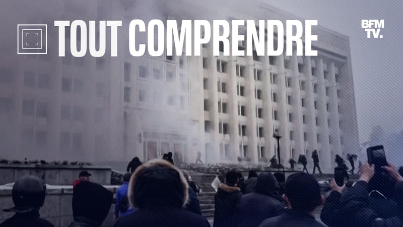L'hôtel de ville d'Almaty, pris d'assaut par les manifestants le 4 janvier 2021 