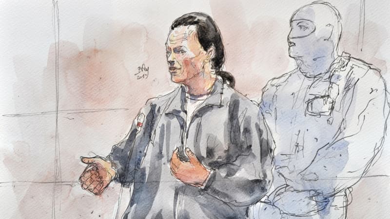 Dessin d'audience représentant Tony Meilhon à son procès devant les assises de Loire-Atlantique à Nantes.