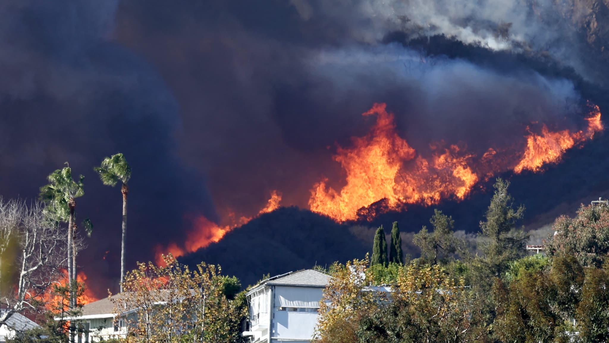 L'incendie de Palisades brûle près des maisons au milieu d'une puissante tempête de vent le 7 janvier 2025 à Pacific Palisades, en Californie. 