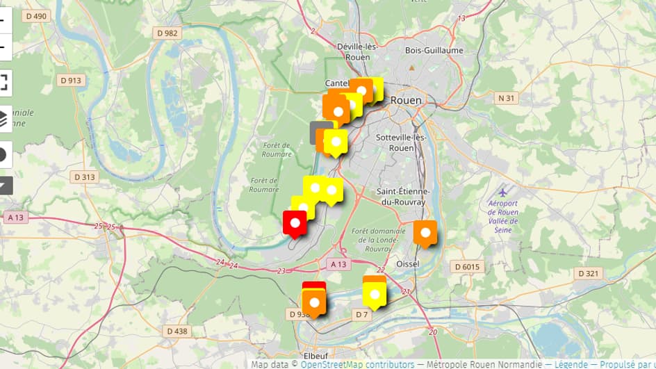 La carte des sites Seveso sur le territoire de la métropole de Rouen.
