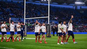 Les joueurs du XV de France après leur succès contre l'Italie le 23 février 2025