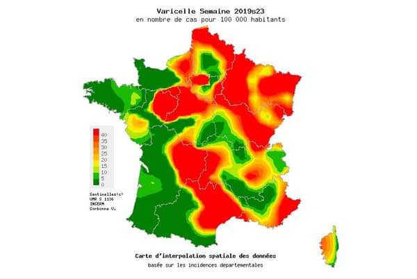 Carte de l'épidémie de varicelle, semaine 23. Carte de l'épidémie de varicelle, semaine 23.