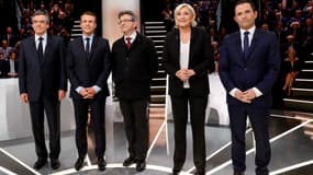 François Fillon, Emmanuel Macron, Jean-Luc Mélenchon, Marine Le Pen et Benoît Hamon.
