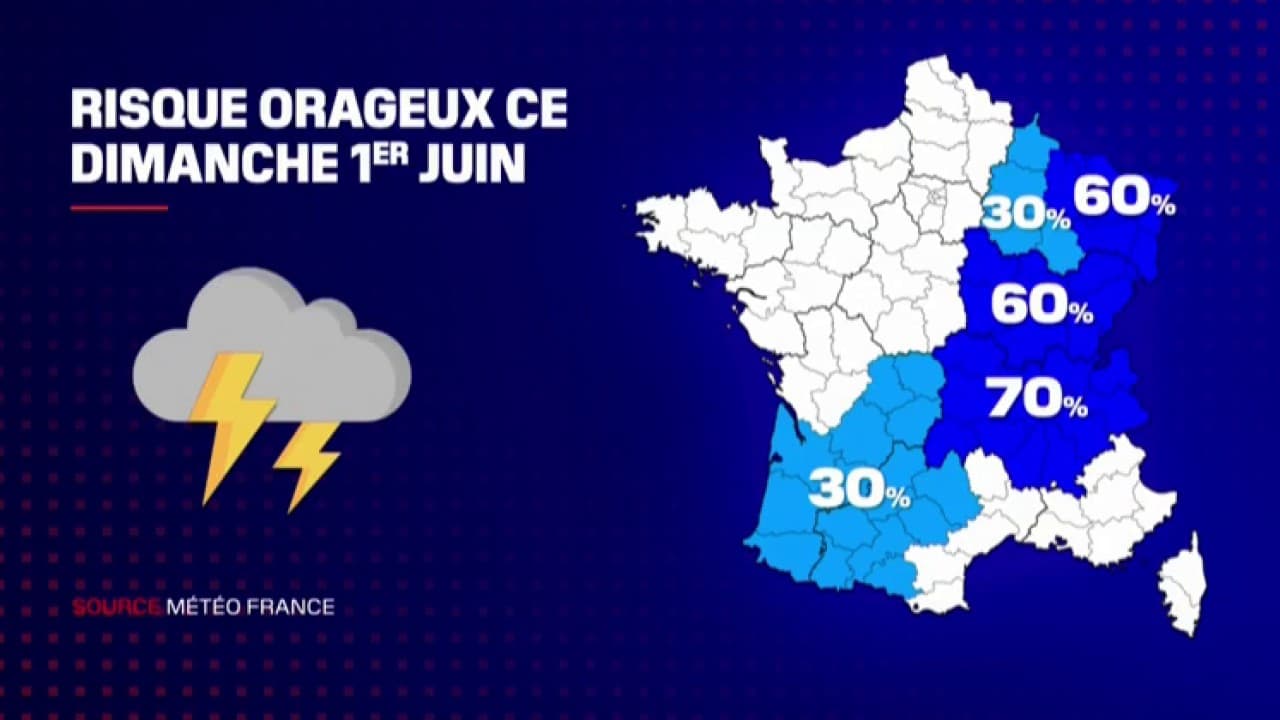Le risque d'orages ce dimanche 1er juin 2025.