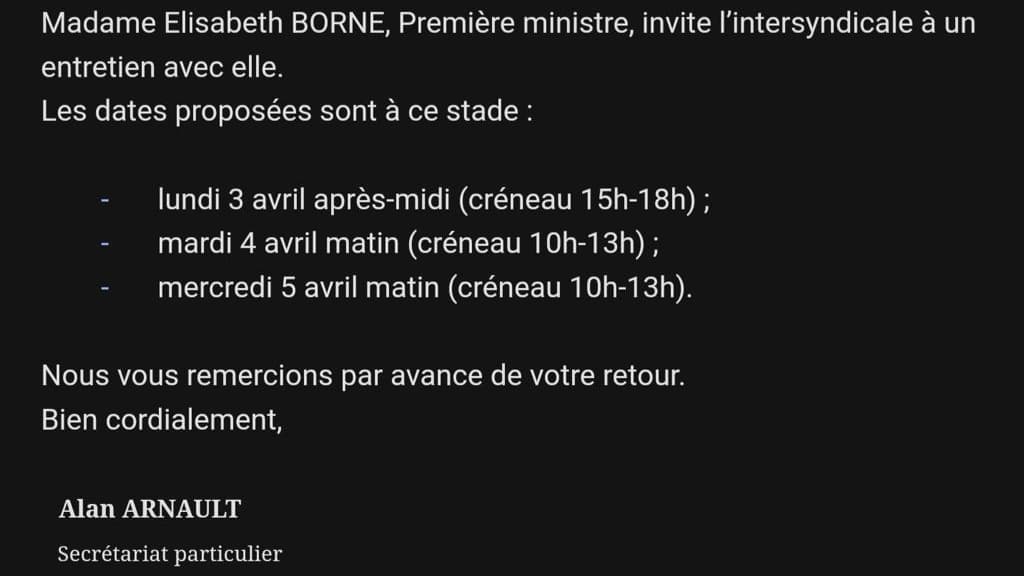 Mail envoyé par Matignon à l'intersyndicale