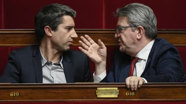 François Ruffin, à gauche, et Jean-Luc Mélenchon, à droite, le 5 février 2019 à l'Assemblée nationale à Paris.