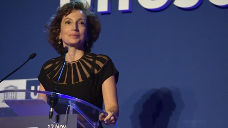 La directrice générale de l'Unesco, Audrey Azoulay, lors de son discours pour le 75e anniversaire de l'organisation, le 21 novembre 2021 à Paris