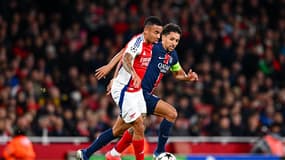 Marquinhos au duel avec Gabriel Jesus lors du match Arsenal-PSG (2-2, Ligue des champions), le 1er octobre 2024